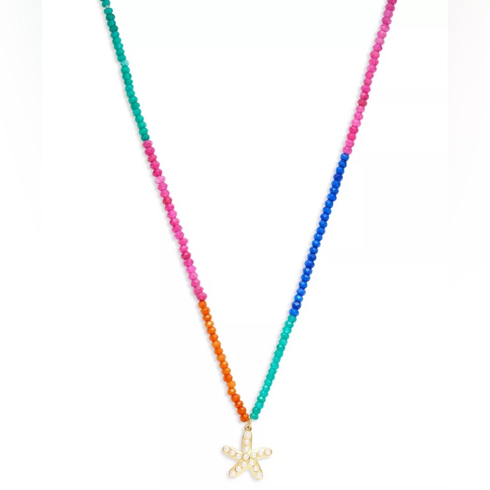 Aqua Imitation Pearl Rainbow Star Pendant Necklace, 14K Gold Plated - NWT